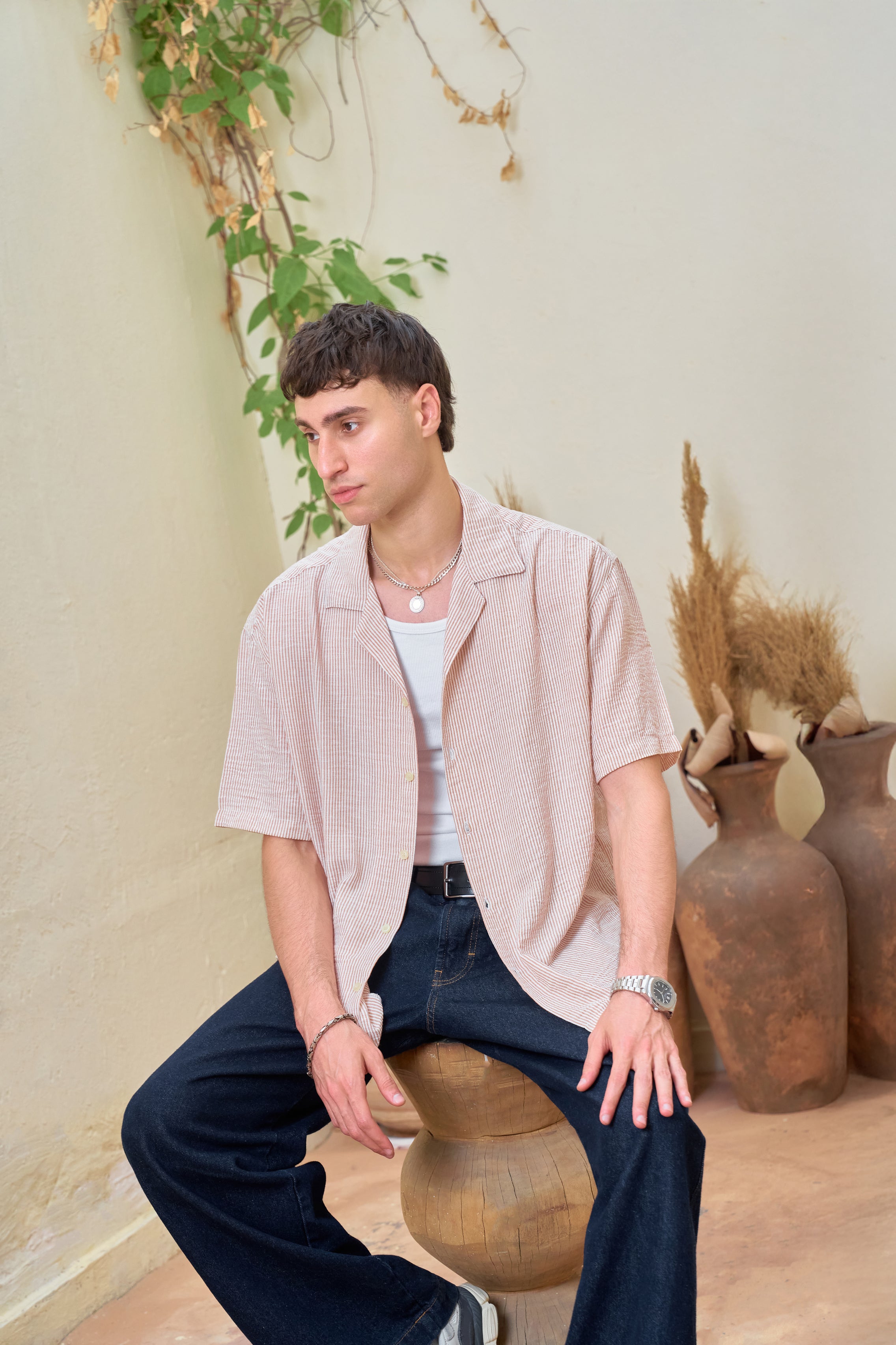 STCHZ Peach Striped Linen Shirt