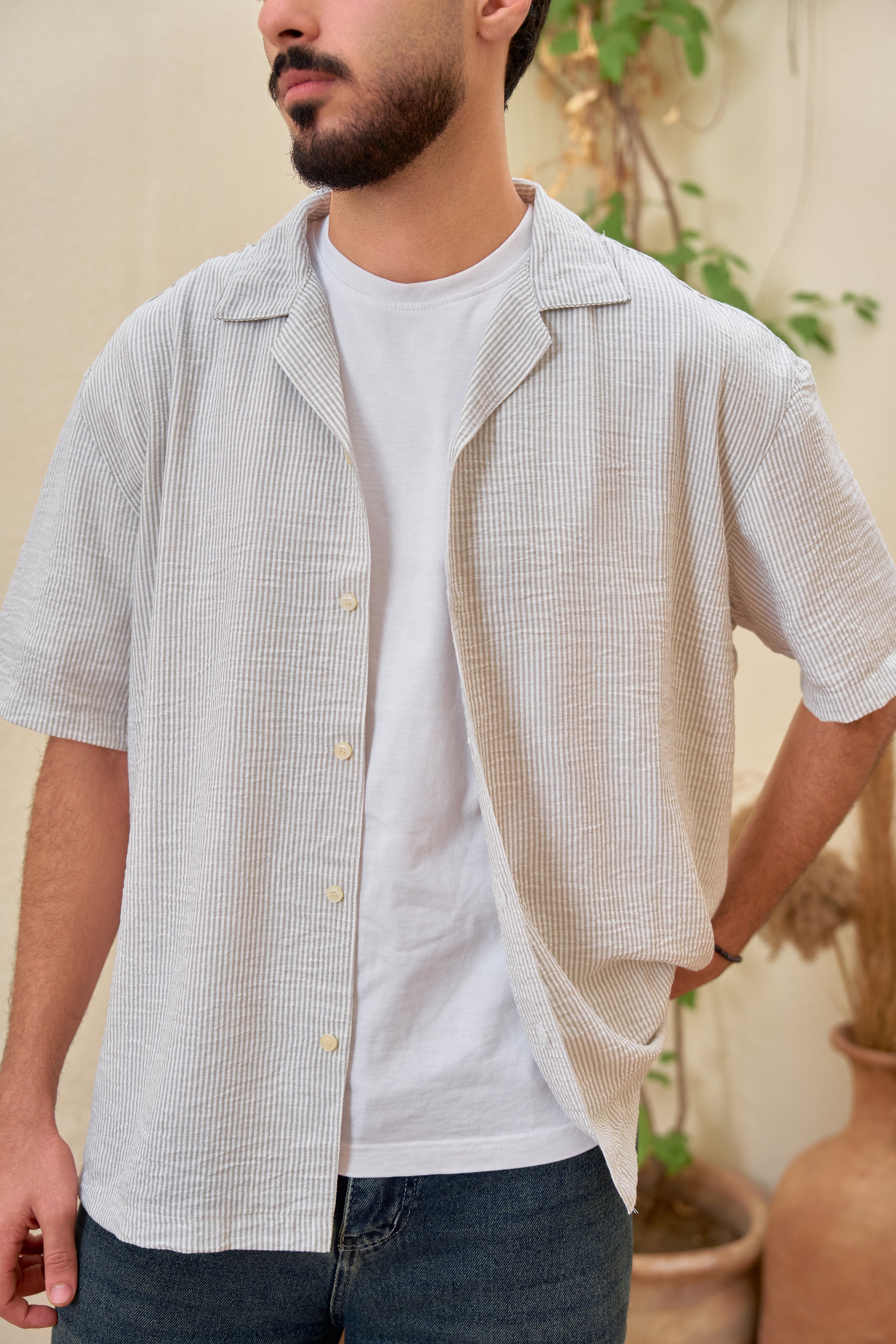 STCHZ Olive Striped Linen Shirt