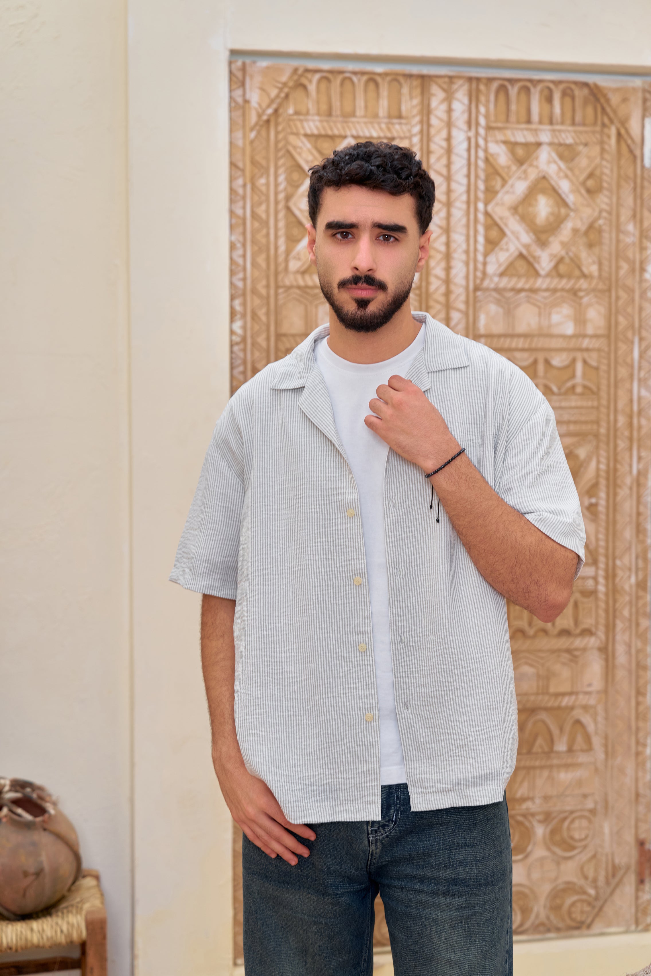 STCHZ Olive Striped Linen Shirt